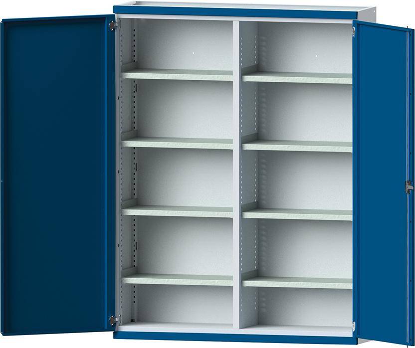 Schwerlastschrank B1485xT500xH1950mm RAL7035/5010 m.Mittelwand8 Böden