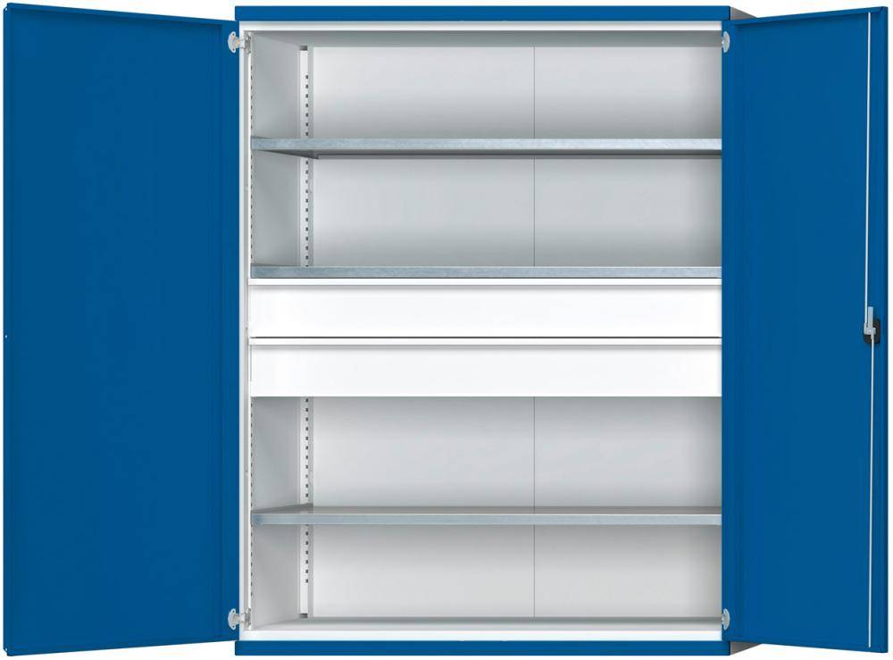 Schwerlastschrank B1485xT630xH1950mm RAL7035/5010 o.Mittelwand3Böden,2Schubladen 100kg