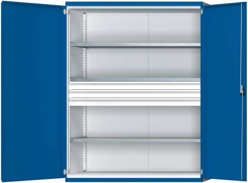 Schwerlastschrank B1485xT630xH1950mm RAL7035/5010 o.Mittelwand3Böden,3Schubladen 100kg