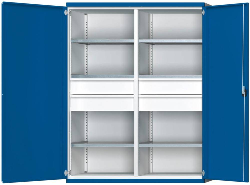 Schwerlastschrank B1485xT630xH1950mm RAL7035/5010 m.Mittelwand6Böden,4Schubladen 100kg