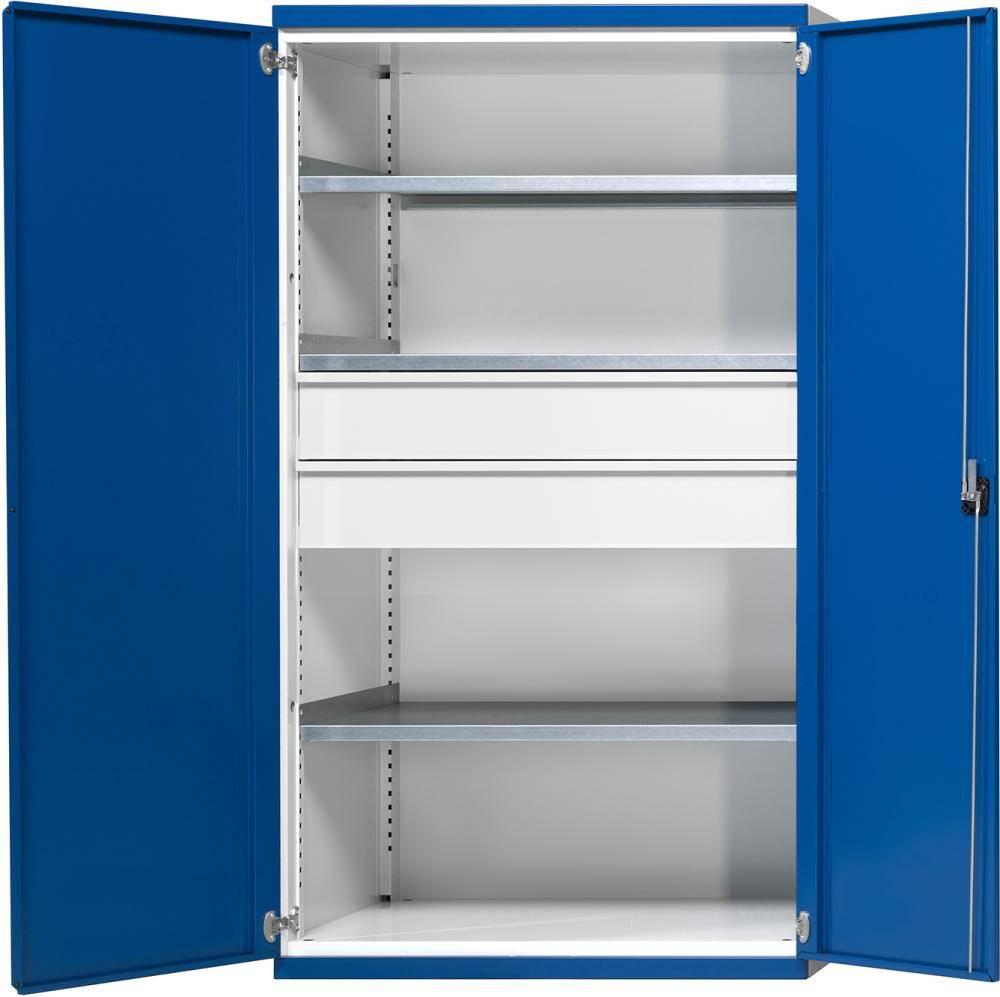 Schwerlastschrank B1085xT630xH1950mm RAL7035/5010 o.Mittelwand3Böden,2Schubladen 100kg