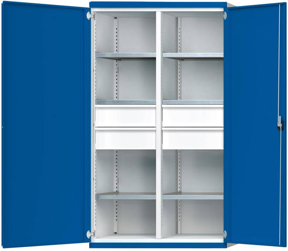 Schwerlastschrank B1085xT630xH1950mm RAL7035/5010 m.Mittelwand6Böden,4Schubladen 100kg