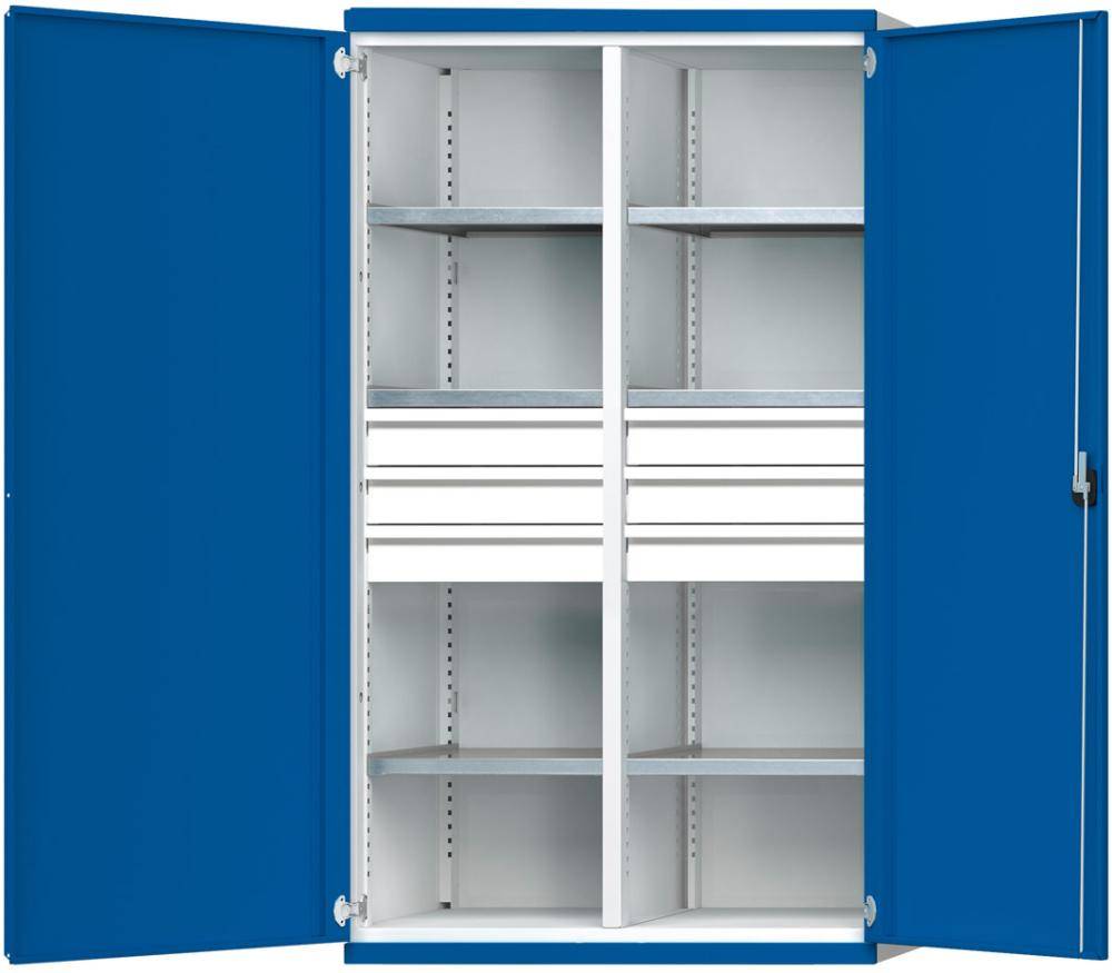 Schwerlastschrank B1085xT630xH1950mm RAL7035/5010 m.Mittelwand6Böden,6Schubladen 100kg
