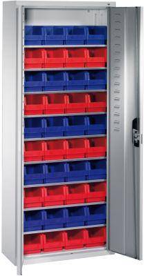 Lager-Regalschrank B700xT300xH1690 mm RAL 7035 mit Türen 9 Fachböden, 40 Kästen