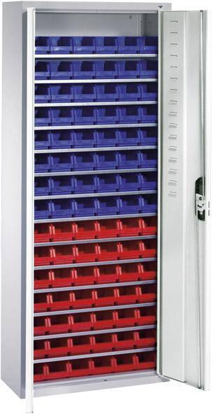 Lager-Regalschrank B700xT300xH1690 mm RAL 7035 mit Türen 14 Fachböden, 90 Kästen