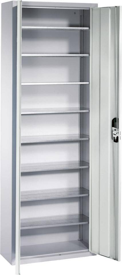 Lager-Regalschrank B700xT300xH1980 mm RAL 7035 mit Türen 9 Fachböden