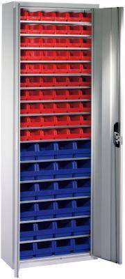 Lager-Regalschrank B700xT300xH1980 mm RAL 7035 mit Türen 15 Fachböden, 84 Kästen