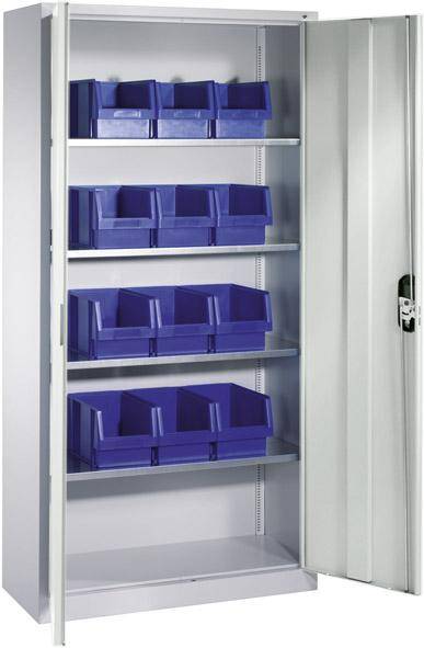 Lager-Regalschrank B1000xT300xH1980 mm RAL 7035 mit Türen 4 Fachböden, 12 Kästen