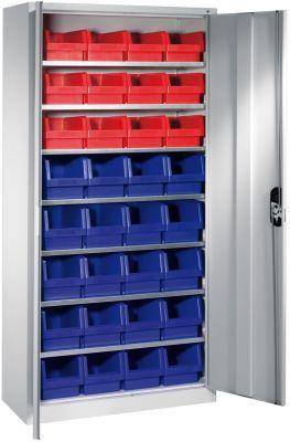 Lager-Regalschrank B1000xT300xH1980 mm RAL 7035 mit Türen 7 Fachböden, 32 Kästen