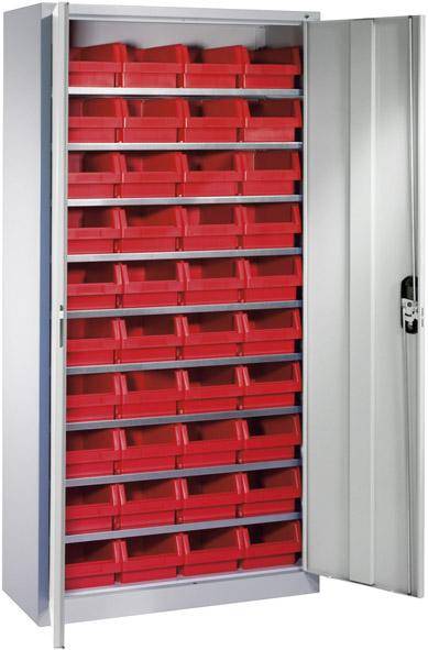 Lager-Regalschrank B1000xT300xH1980 mm RAL 7035 mit Türen 9 Fachböden, 40 Kästen