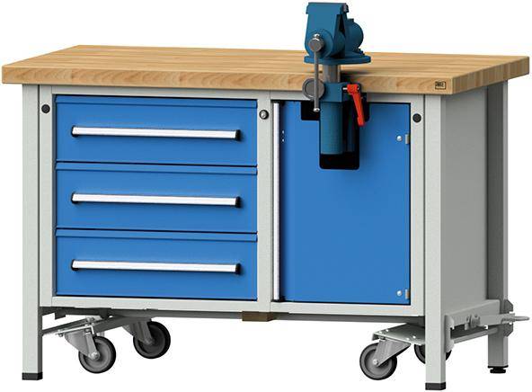 Anke Montagewerkbank B1270xT700xH850mm RAL7035/5012 BMP: 50 mm 3 Schubladen, 1 Tür