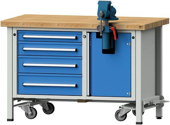 Anke Montagewerkbank B1270xT700xH850mm RAL7035/5012 BMP: 50 mm 4 Schubladen, 1 Tür