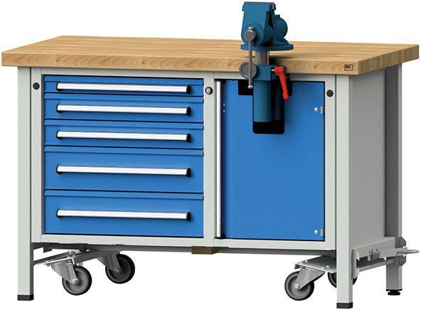 Anke Montagewerkbank B1270xT700xH850mm RAL7035/5012 BMP: 50 mm 5 Schubladen, 1 Tür