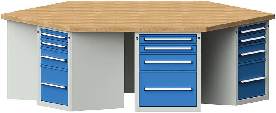 Anke 6-Eck-Werkbank B2340xT2700xH850mm RAL7035/5012 BMP: 50 mm 6 Schränke mit je 4 SL