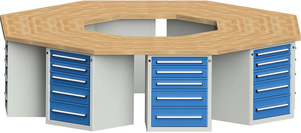 Anke 8-Eck-Werkbank B3018xT3266xH850mm RAL7035/5012 BMP: 50 mm 8 Schränke mit je 5 SL
