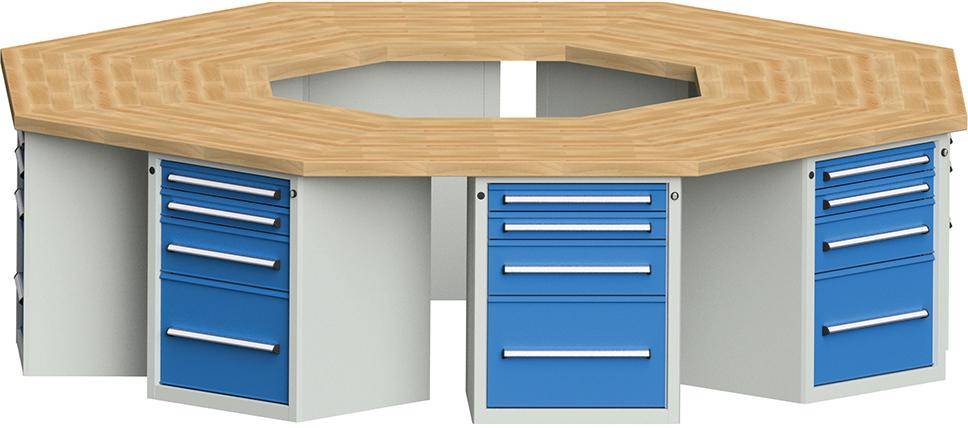 Anke 8-Eck-Werkbank B3018xT3266xH850mm RAL7035/5012 BMP: 50 mm 8 Schränke mit je 4 SL