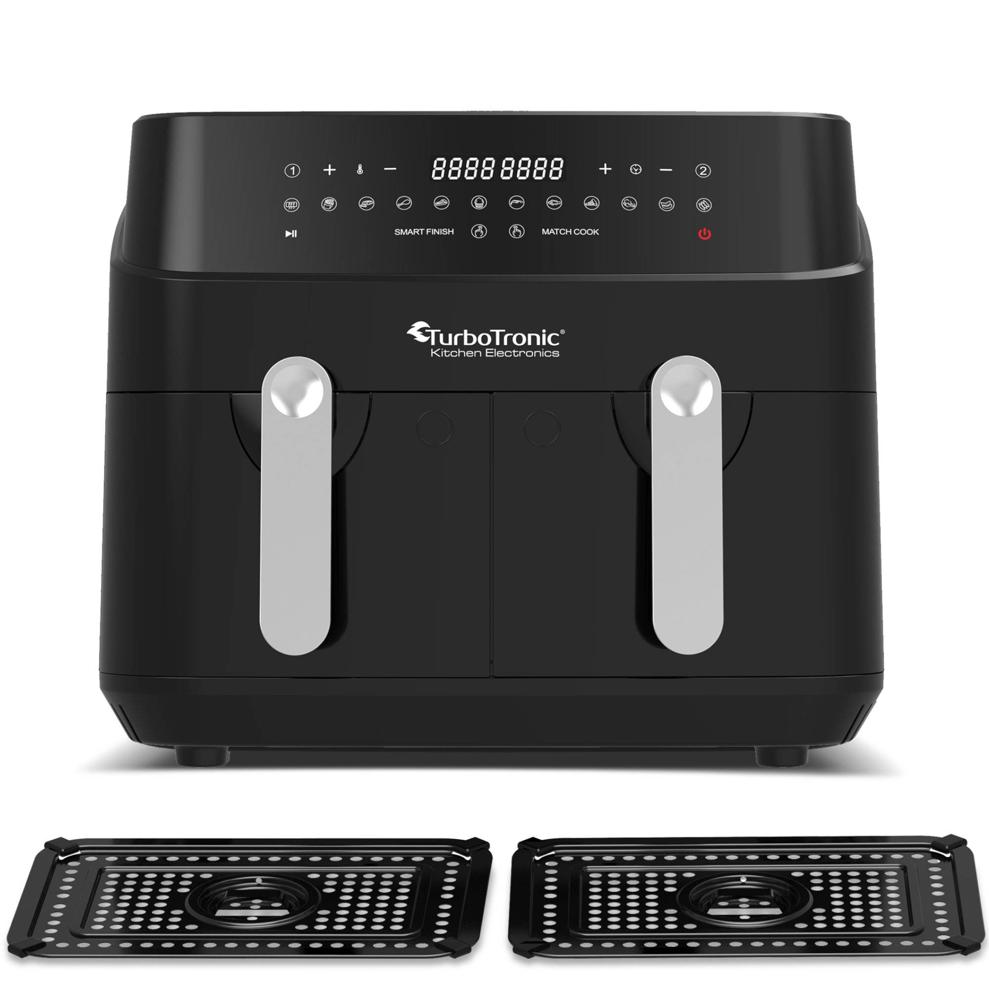 TurboTronic Heißluftfritteuse XXL doppel Airfryer 1600W / 9L (2x 4,5L Kammer) 12 Programme digitale Heißluft Fritteuse ohne Fett Öl Dual Luftfritte