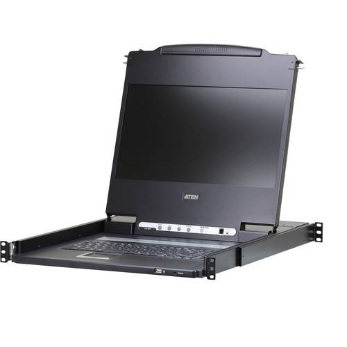 Eine schwarze Konsole im Rack-Mount-Format mit integriertem LCD-Bildschirm und Tastatur, entwickelt für die Serververwaltung in Rechenzentren.
