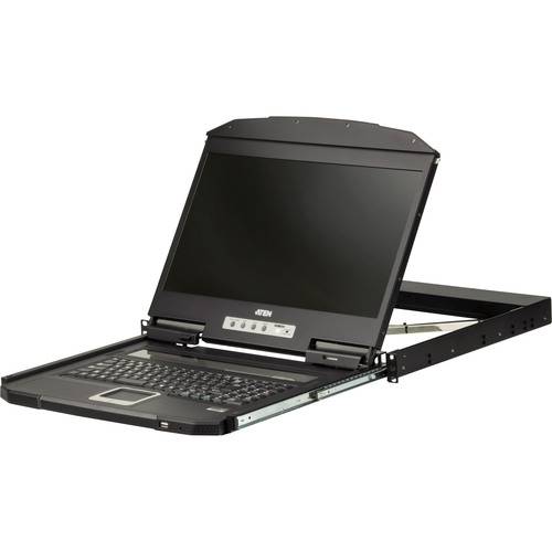 Ein offener Server-Rack-Konsolenplatz mit Monitor und Tastatur. Entwickelt für die Verwaltung von Rechenzentren, in Schwarz und kompakt für beengte Räume.