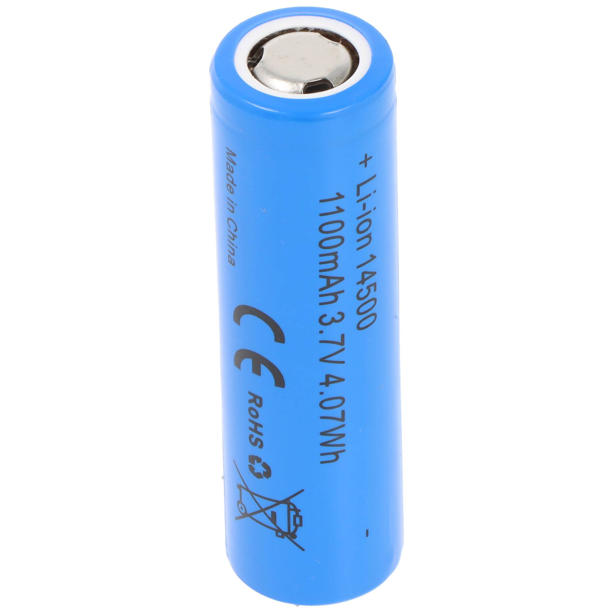 Eine blaue zylindrische Lithium-Ionen-Batterie mit der Bezeichnung Li-ion 14500, 1100mAh, 3,7V, 4,07Wh, mit Sicherheits- und Herstellungsmarkierungen.