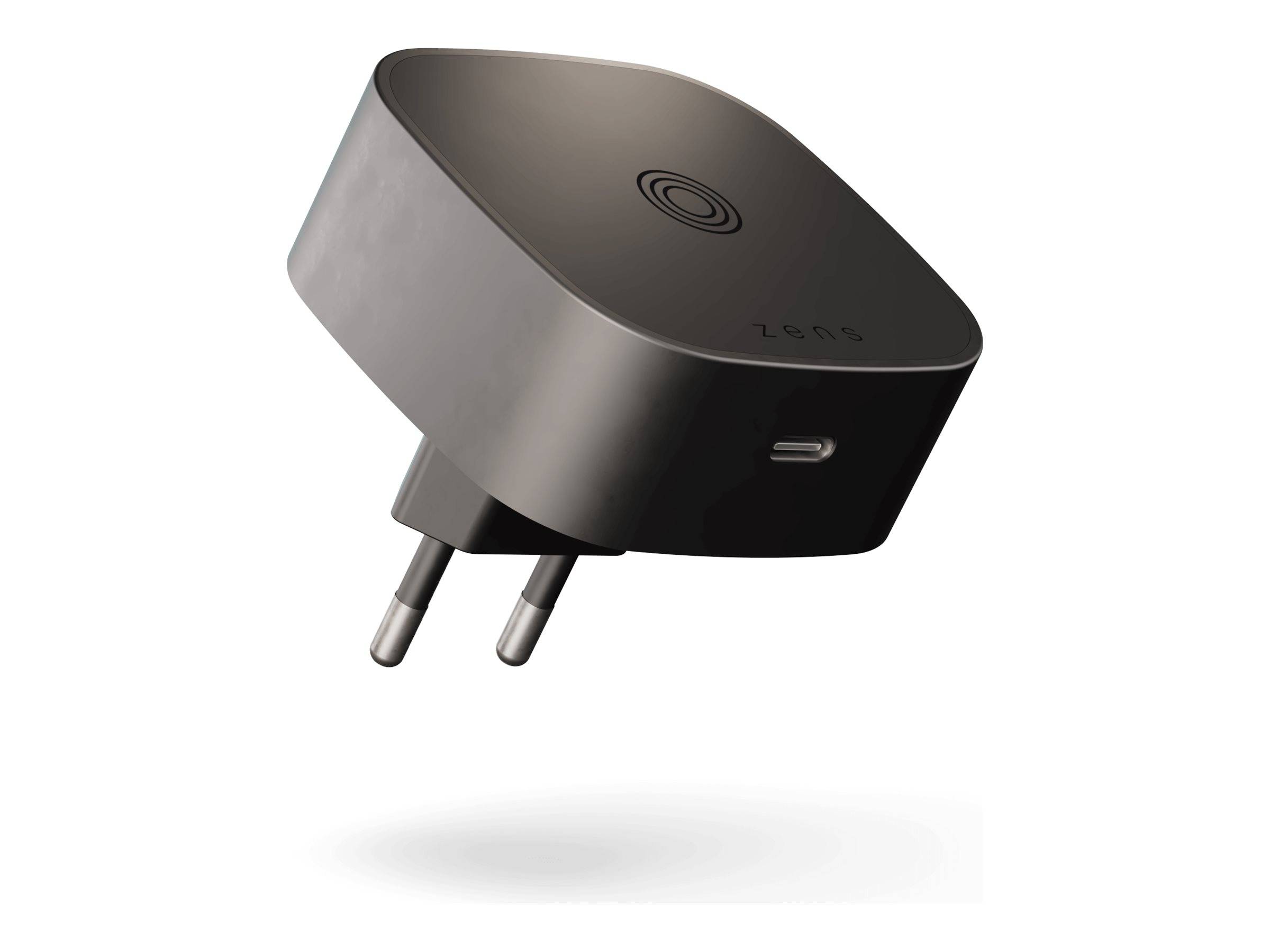 Schwarzer LENS-Marken-Elektrostecker-Adapter mit zwei runden Kontakten, dargestellt in einer schwebenden Produktansicht auf weißem Hintergrund.