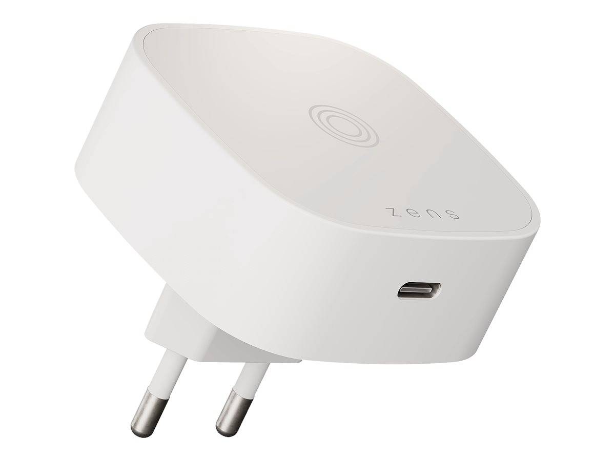 Ein weißes Wireless-Ladegerät zum Anstecken mit USB-Anschluss und minimalistischem Design, das den Markennamen 'zens' trägt.