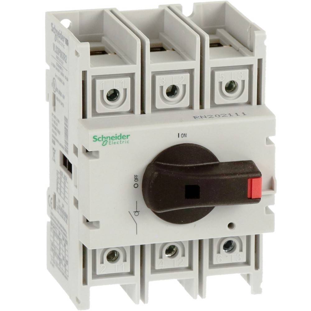 Schneider Electric Leistungsschalter mit Ein-/Ausschalter, ausgestattet mit drei Anschlüssen und einem roten Indikator auf einem weißen Gehäuse.
