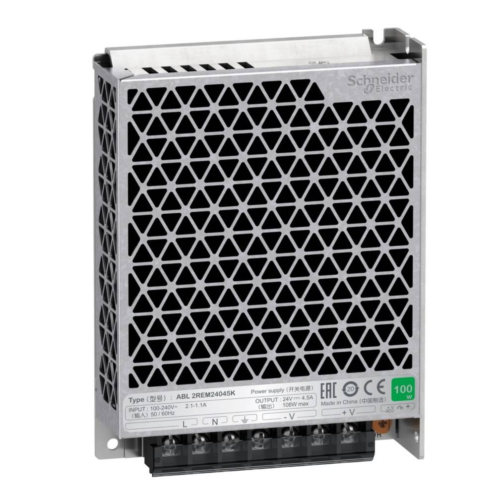 Ein Netzteil von Schneider Electric mit gitterartigem Frontdesign, beschriftet mit 'Typ ABL2REM24045K', das technische Spezifikationen zeigt.