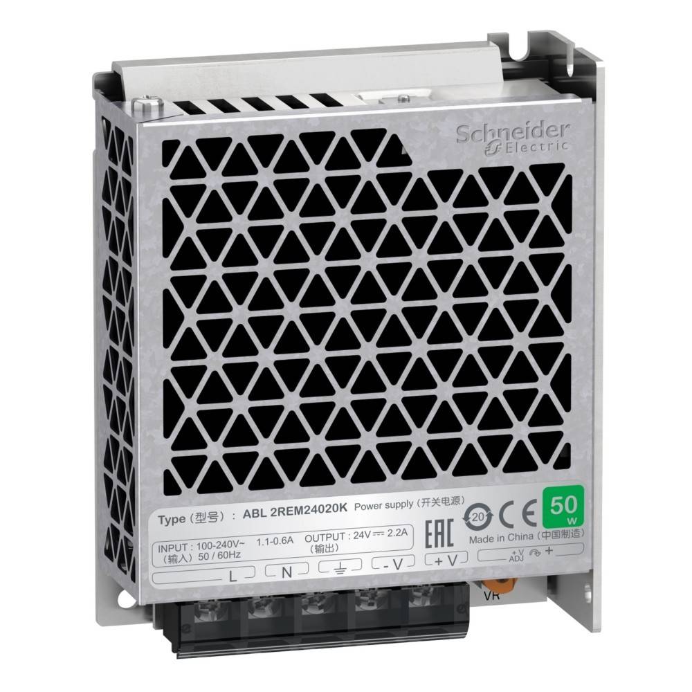 Schneider Electric Netzteileinheit mit Modell 'ABL 2REM24020K'. Merkmale umfassen: EINGANG 100-240V, AUSGANG 24V, RoHS-konform.
