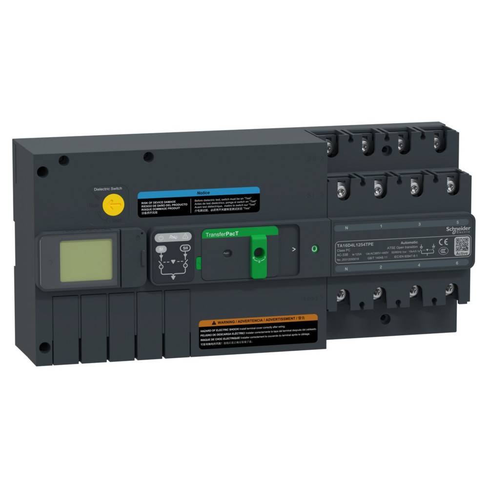 Ein schwarzes elektronisches Gerät mit der Bezeichnung 'Schneider Electric', ausgestattet mit einem grünen Schalter, einem kleinen Display und Warnhinweisen zur elektrischen Sicherheit.