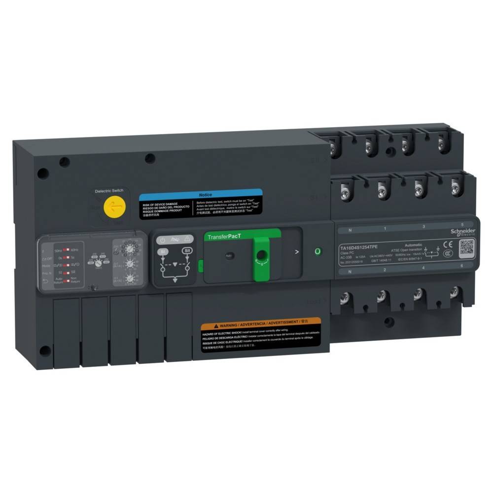 TransferPacT' automatischer Umschalter mit verschiedenen beschrifteten Komponenten und Anschlüssen, verwendet zur Steuerung elektrischer Lastkreise.