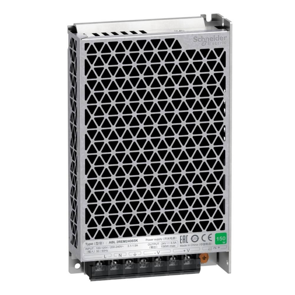 Schneider Electric industrielle Stromversorgungseinheit mit einem Metallgitterdeckel und mehreren sichtbaren Zertifizierungen am unteren Rand.