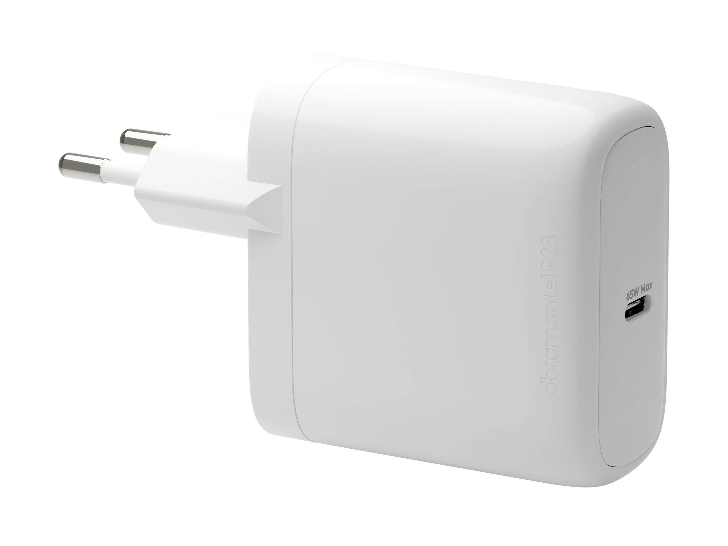 Ein weißer USB-Netzteil mit einem europäischen Stecker, von der Seite gezeigt, mit dem Markennamen auf seiner Oberfläche.