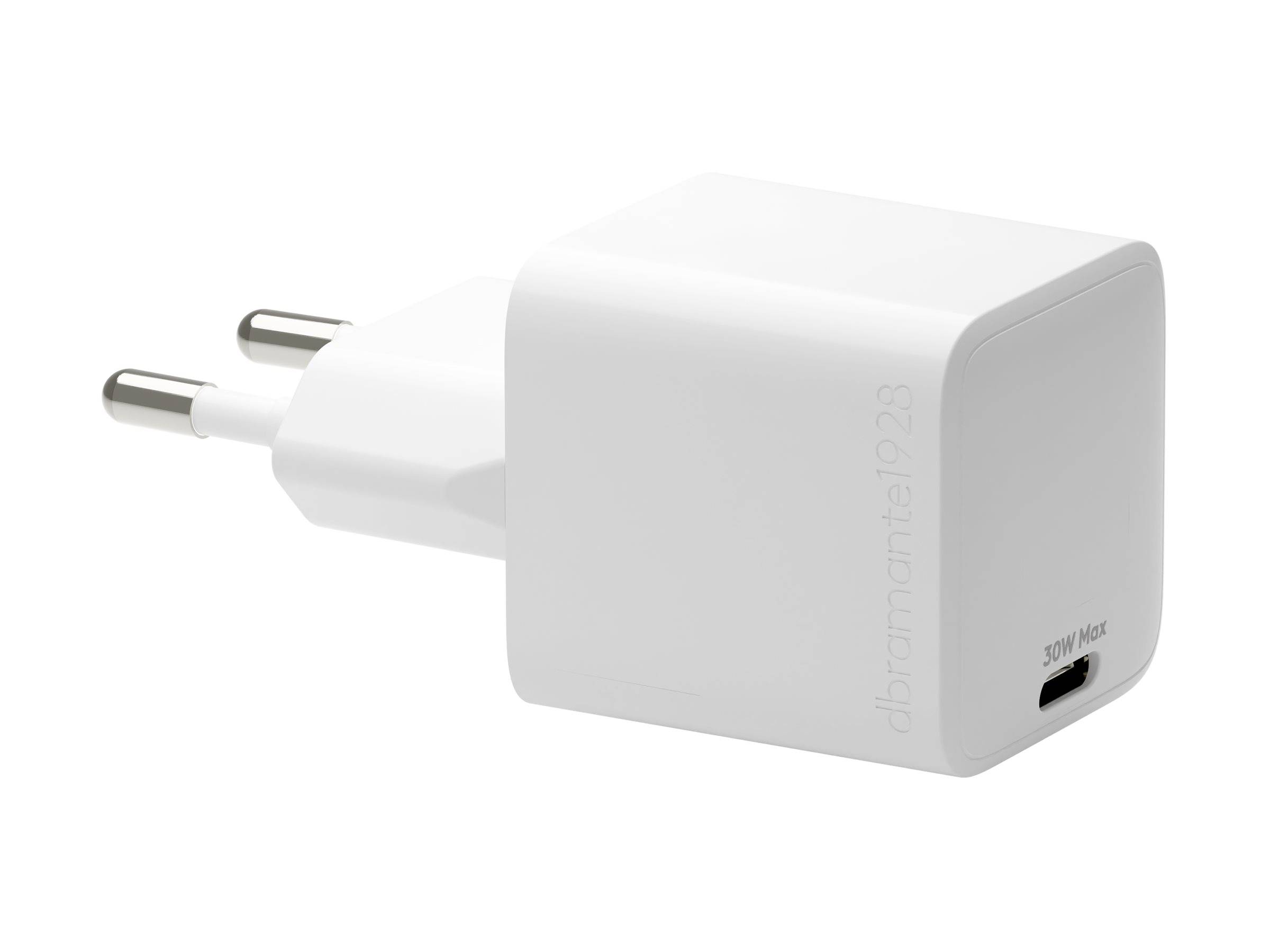 Ein weißer USB-C Wandladegerät mit zwei Stiften, mit der Markenaufschrift 'dbramante1928' und seitlich gekennzeichnet mit '30W Max'.