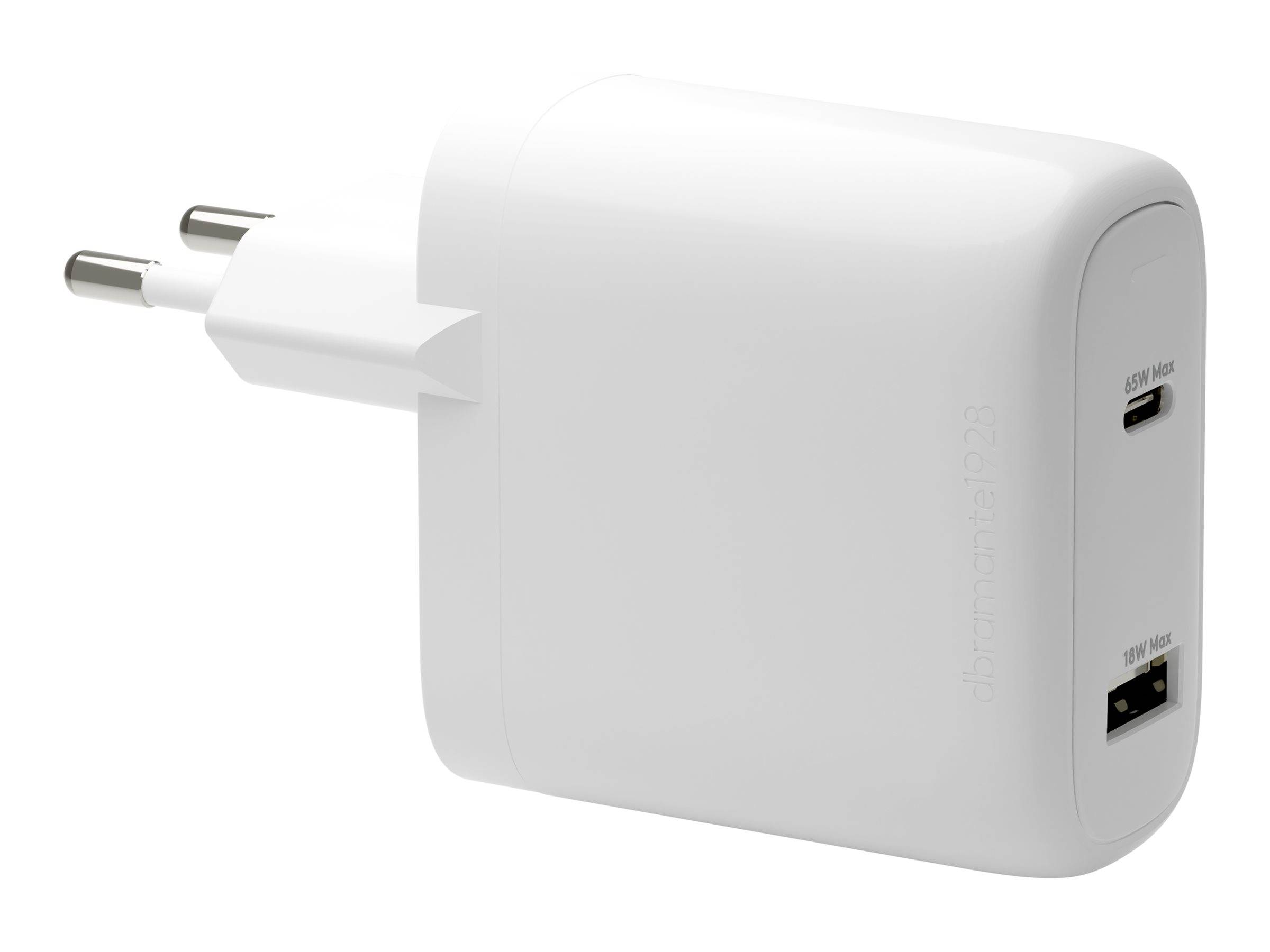 Ein weißes Smartphone-Ladegerät mit einem Standard-USB-Anschluss und einem europäischen Stecker.