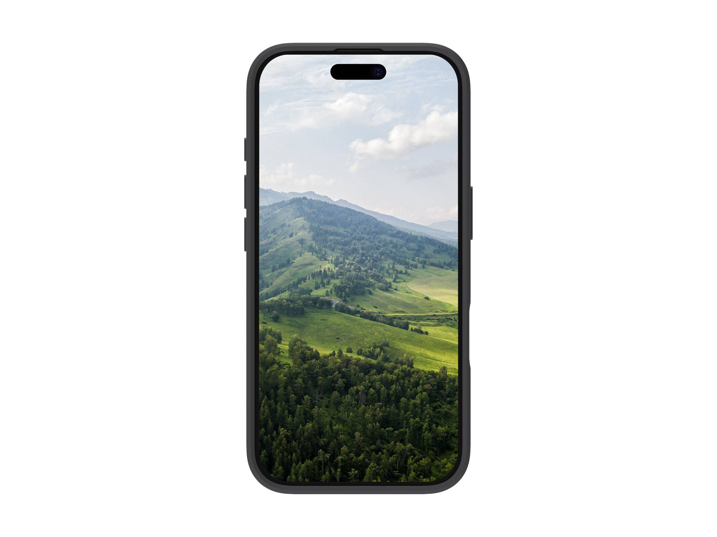 Ein Smartphone zeigt eine malerische Aussicht auf sanft gewellte grüne Hügel, üppige Wälder und einen wolkenverhangenen Himmel, der ein Gefühl von Ruhe und Natur vermittelt.