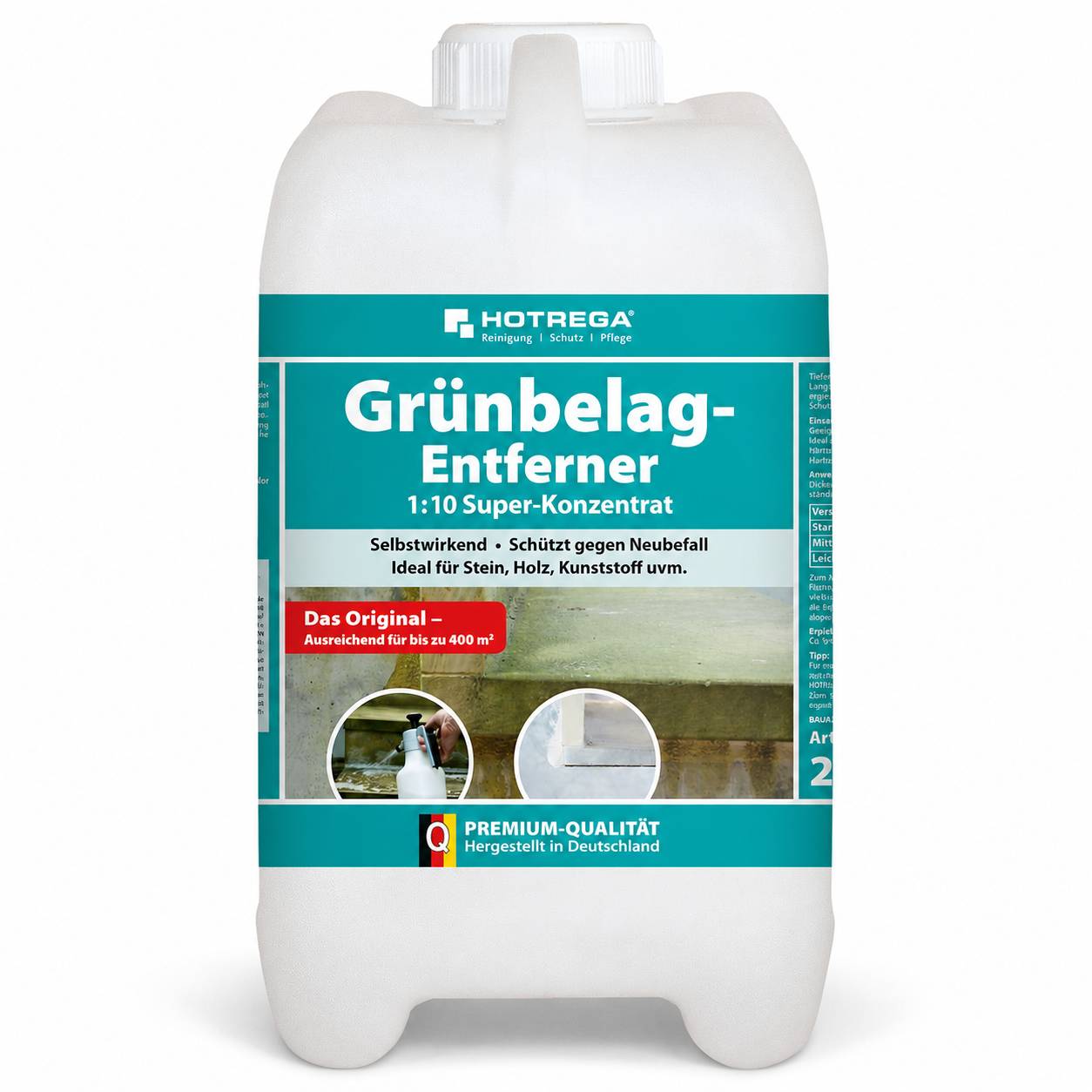 Weiße Flasche von HOTREGA 'Grünbelag-Entferner' 1:10 Superkonzentrat, gekennzeichnet zum Entfernen von Grünbelag und zur Reinigung von Stein, Holz und Kunststoff.