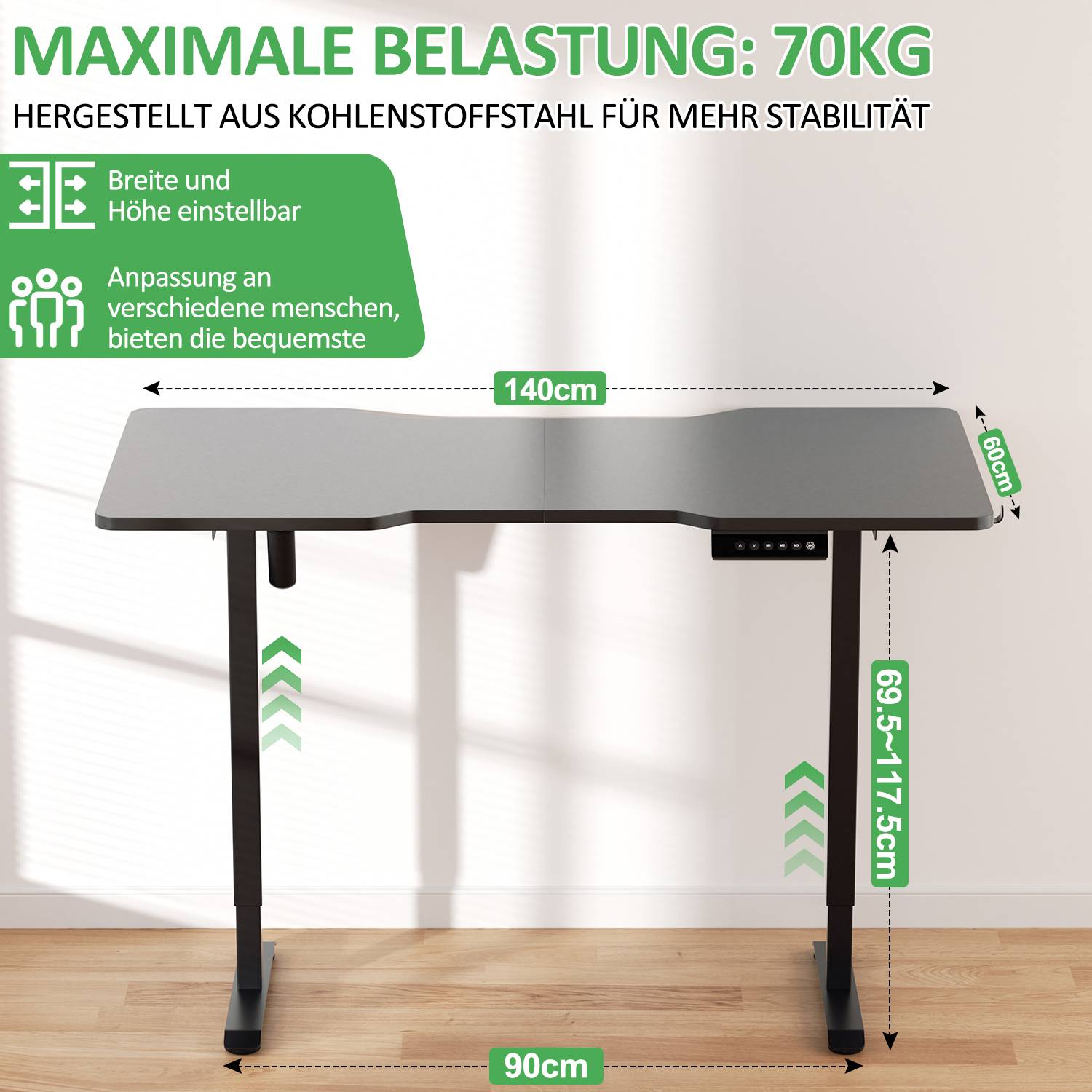 Schreibtisch 140 x 60 cm Höhenverstellbar Schreibtisch 70-115cm Elektrisch mit 4 Memory-Steuerung und Anti-Kollisions, Home Office - Schwarz
