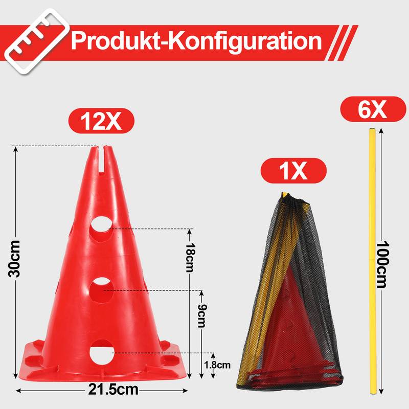 Steckhürdenset 12-tlg Training Hürden Speed Höhenverstellbar mit 12 Kegel + 6 Stangen Multi-Sport Trainingshilfe, Sprinttraining Hürden für Fuß