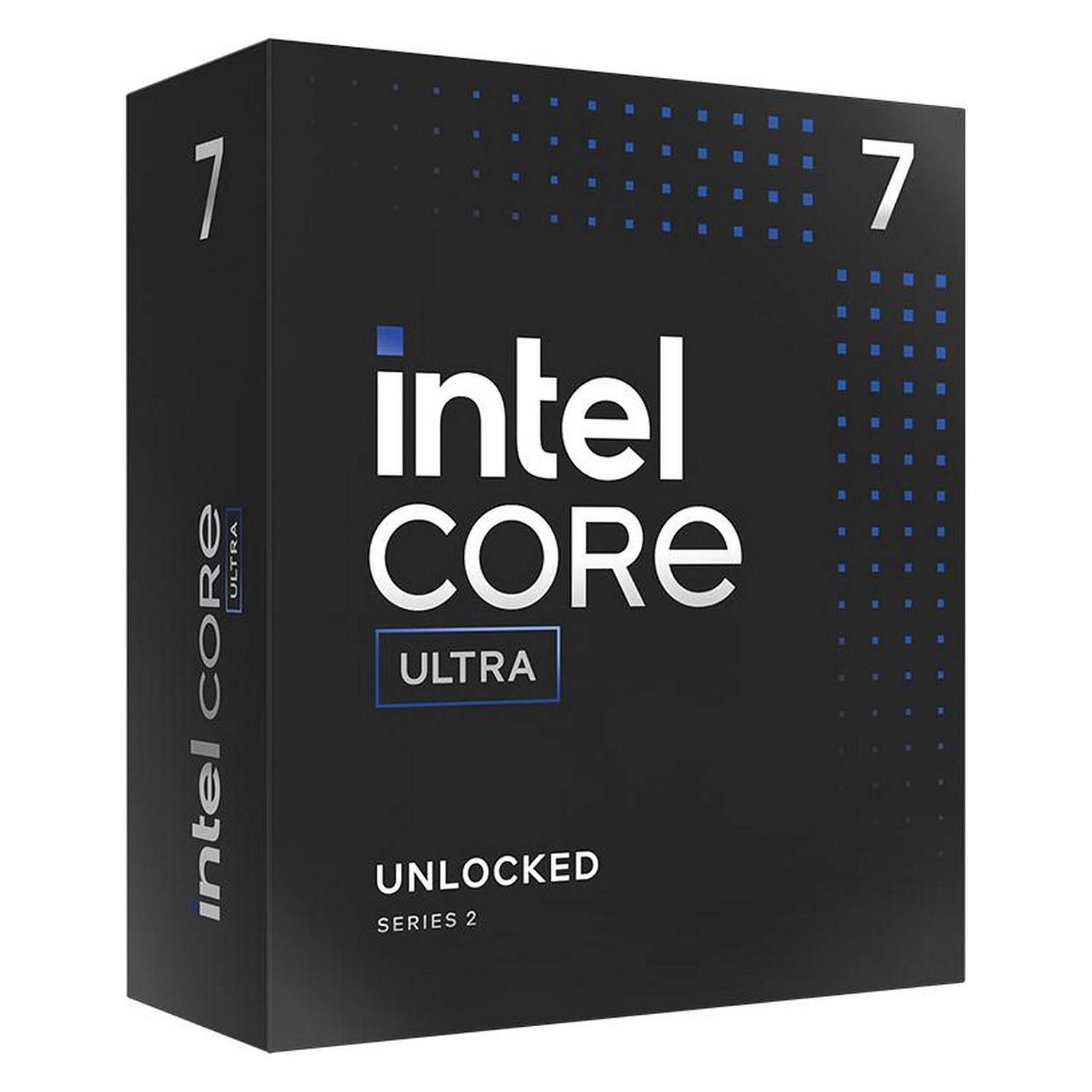 Intel Core Ultra Serie 2 Prozessor-Verpackung mit elegantem schwarzem Karton, großem „7