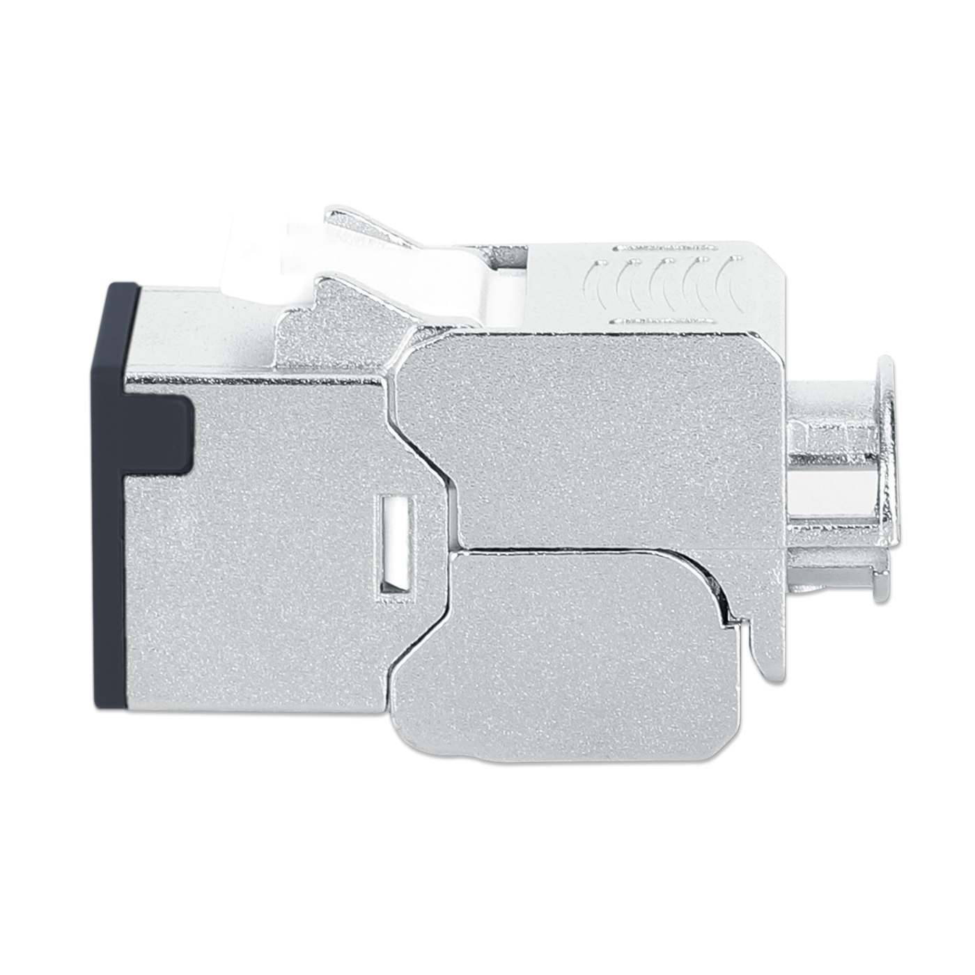 Silberfarbiger Metall-Elektrostecker mit schwarzer Endkappe, isoliert auf weißem Hintergrund dargestellt.
