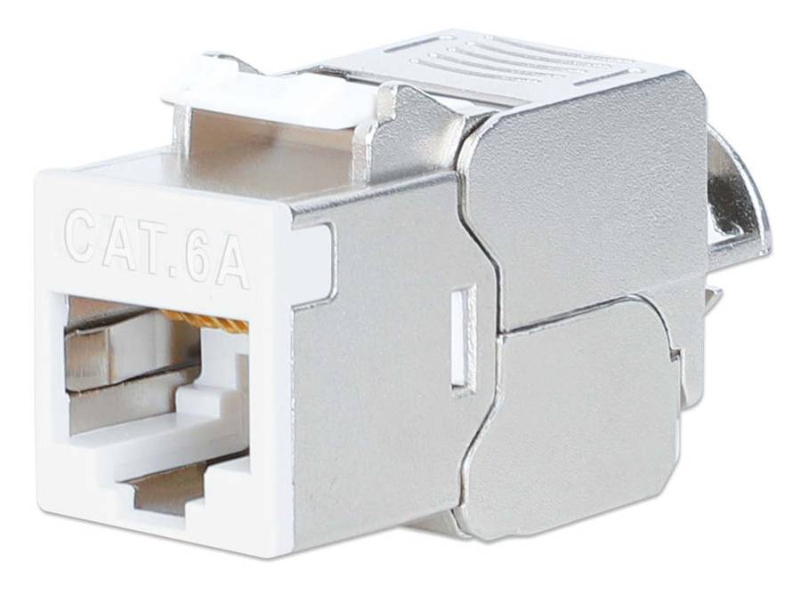 Ein Nahaufnahmebild einer CAT6A-Ethernet-Buchse mit Metallschirm, die für hochgeschwindigkeitsfähige Netzwerkverbindungen verwendet wird.