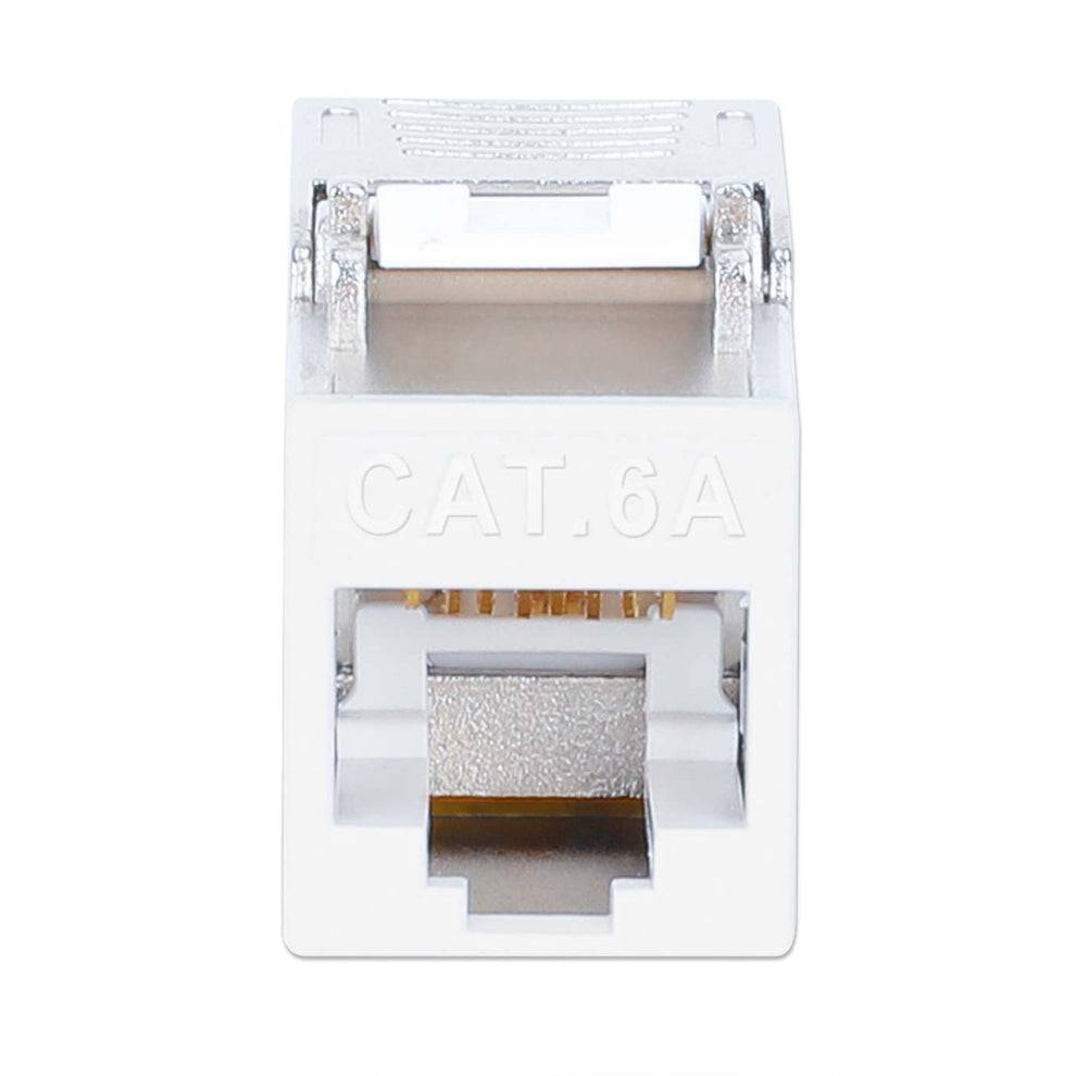 Weißer CAT 6A Ethernet Keystone Jack mit frontalem RJ45-Anschluss und geprägtem Etikett, isoliert auf weißem Hintergrund dargestellt.