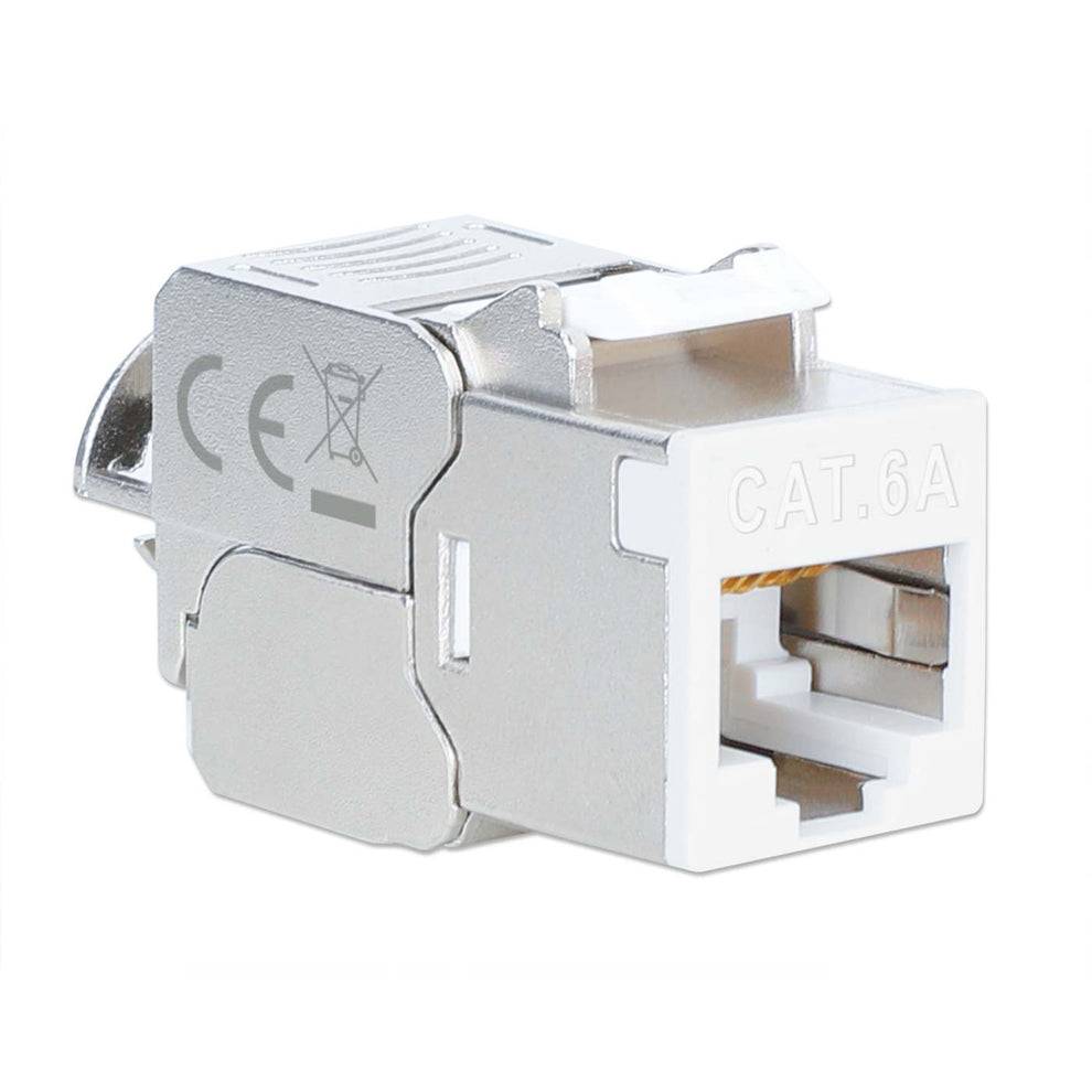 Nahaufnahme einer CAT.6A Ethernet-Keystone-Buchse mit Metallabschirmung und weißem RJ45-Anschluss auf weißem Hintergrund.