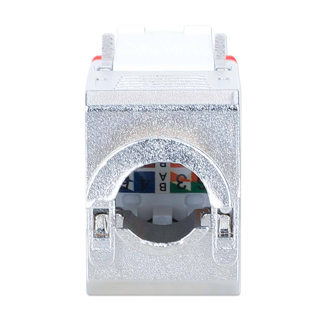 Nahaufnahme eines Metall-Ethernet-Netzwerk-Buchsen-Keystone-Moduls mit einem weißen Kabelstecker oben.