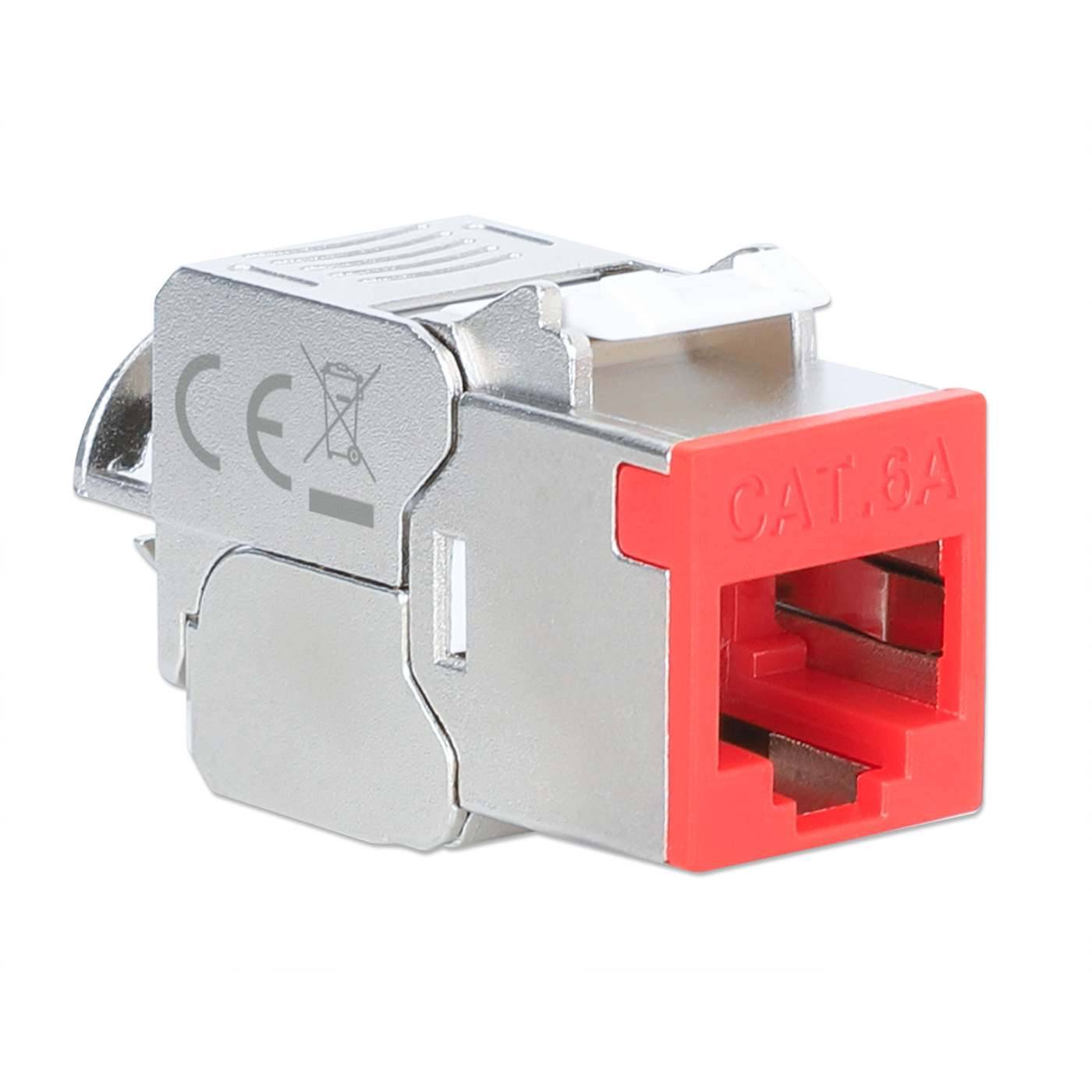 Metall-CAT6A-Ethernet-Keystone-Buchse mit rotem RJ45-Anschluss, auf weißem Hintergrund gezeigt.
