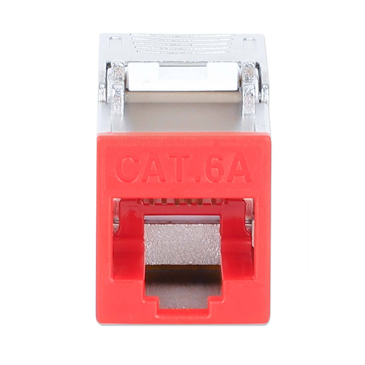 Rote Cat-6A-Ethernet-Keystone-Buchse mit RJ45-Anschluss auf weißem Hintergrund.