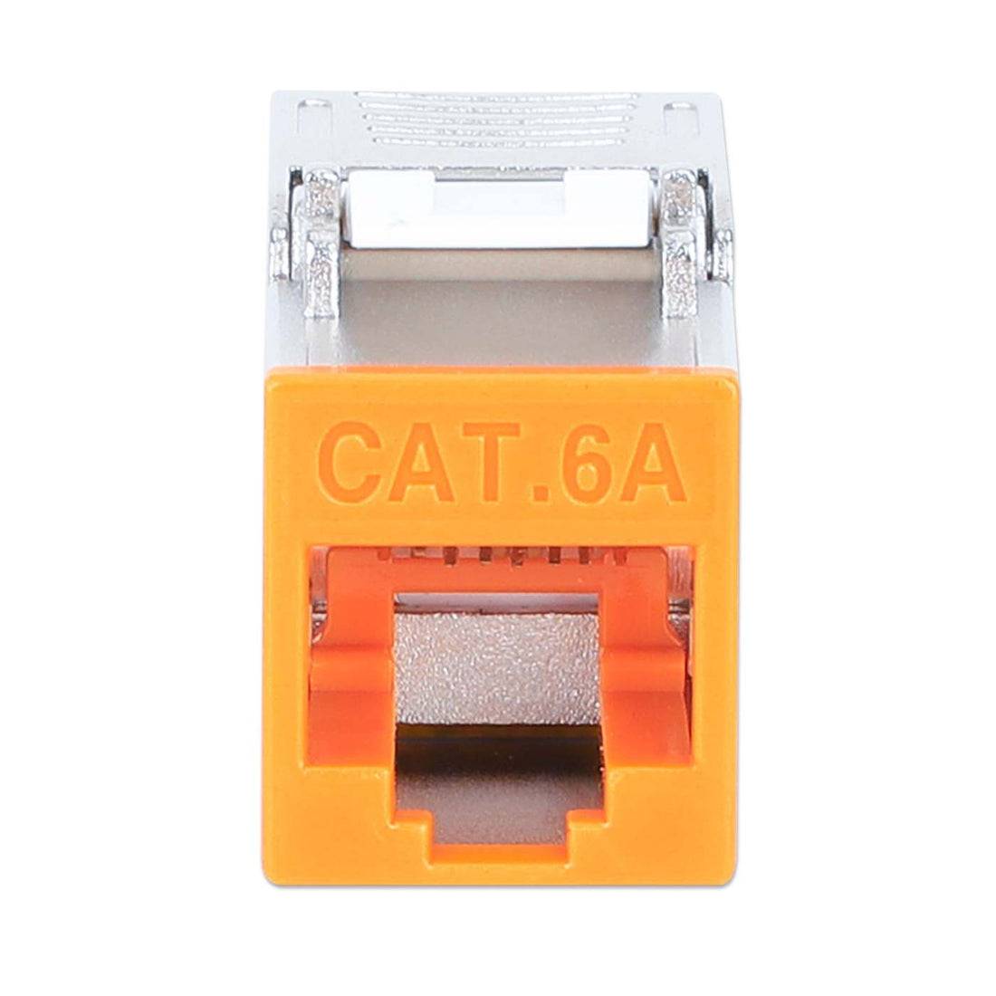 Orange CAT.6A Ethernet-Buchsenmodul mit Metallverbindungsgehäuse, frontal vor weißem Hintergrund dargestellt.