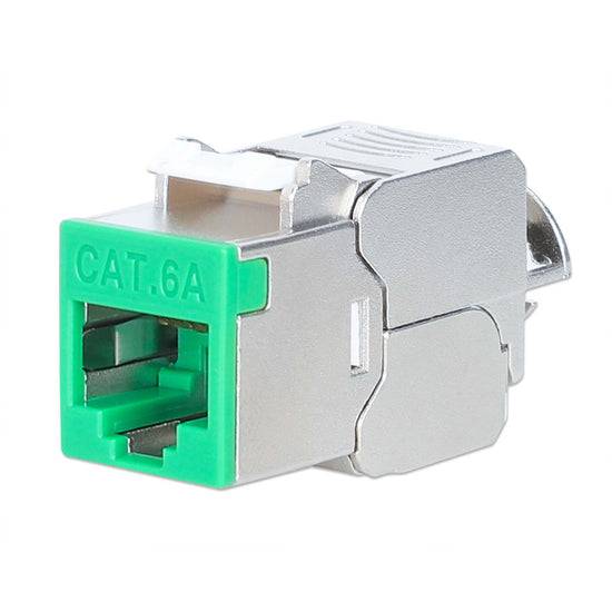 Cat.6A Ethernet-Kabelstecker mit grünem Frontport und silbernem Metallgehäuse, isoliert auf weißem Hintergrund dargestellt.