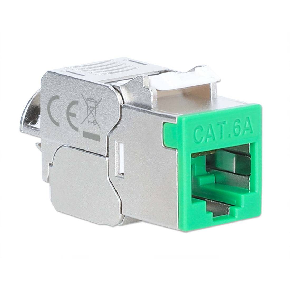 Nahaufnahme eines Cat.6A-Ethernet-Netzwerksteckers mit grünem Port und Metallgehäuse.